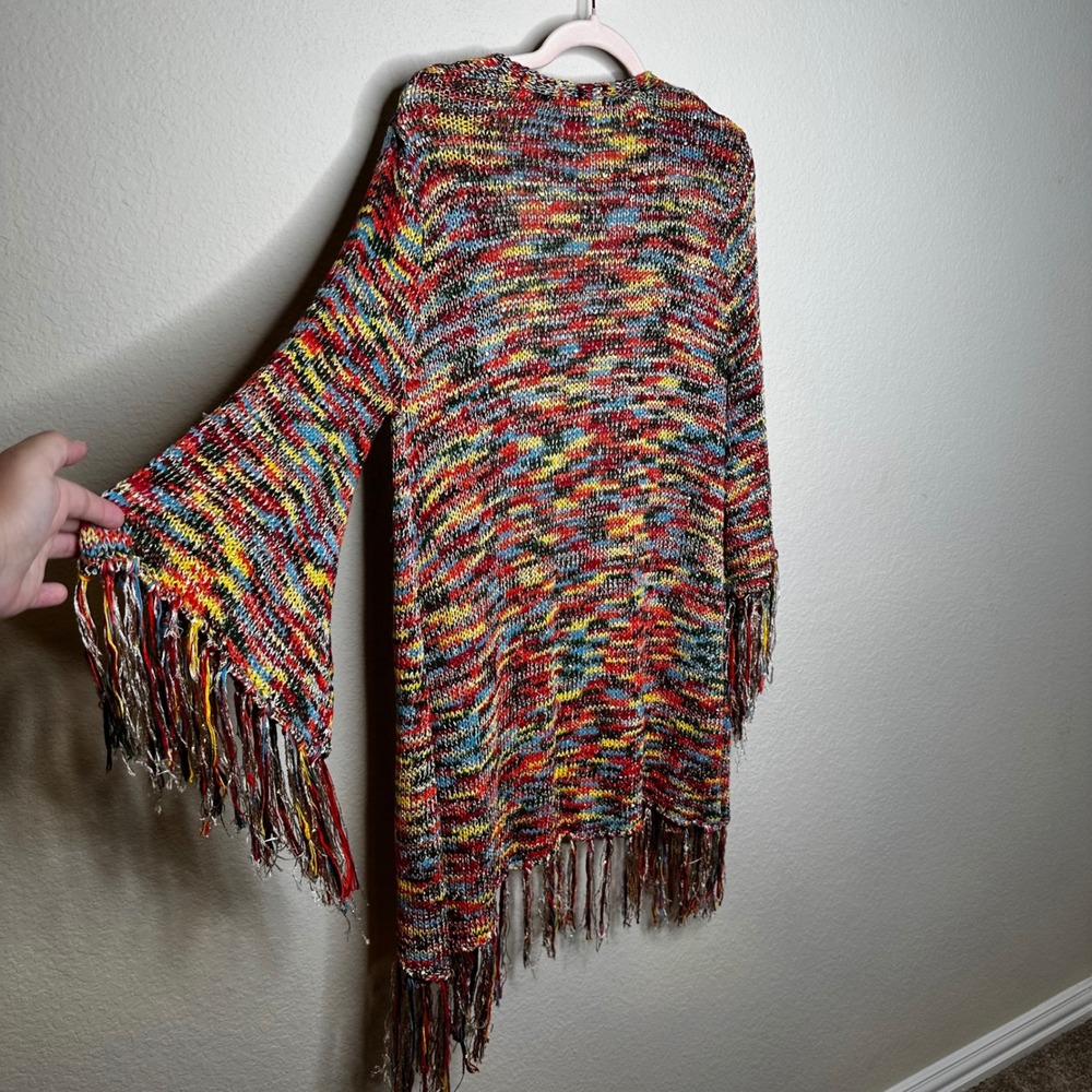 Easel Multi Color Metallic Knit Fringe Bell Sleeve Open Front Cardigan M/L Boho - Picture 5 of 6